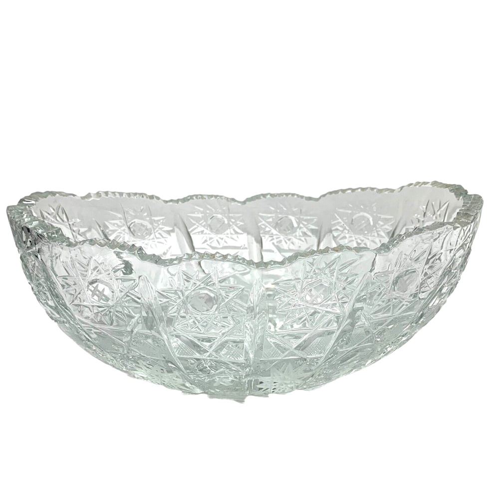 Pasabahce Oblong Bowl Heavy Thick Cut‎ Crystal  Vintage Sawtooth Edge